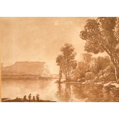 2369 - Circle of Claude Lorrain, Figures at the edge of a lake with a tower beyond, sepia watercolour, 5