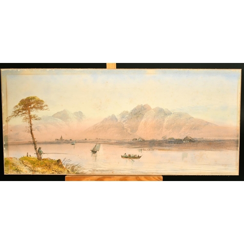 2370 - William Earp, an extensive lake scene with a man fishing, boats, dwellings and mountains beyond, wat... 