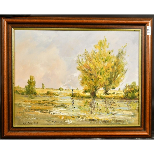 2571 - Kip Combes (20th Century), a view of a river through lowlands, oil on canvas, signed, 14