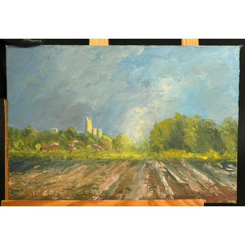 2572 - Kip Combes (20th Century), a view of a church tower over ploughed fields, oil on board, signed, 7