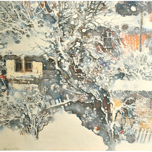 2574 - Eastern European School 20th Century, Buildings and trees under snow, oil on canvas, signed and date... 