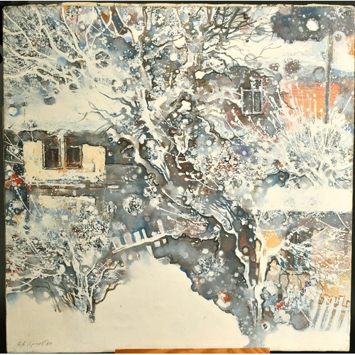 2574 - Eastern European School 20th Century, Buildings and trees under snow, oil on canvas, signed and date... 