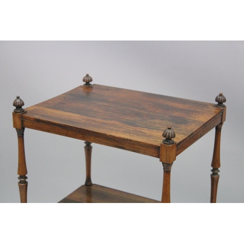 1001 - A GOOD 19TH CENTURY ROSEWOOD THREE TIER WHATNOT with carved finials, turned column support, a drawer... 