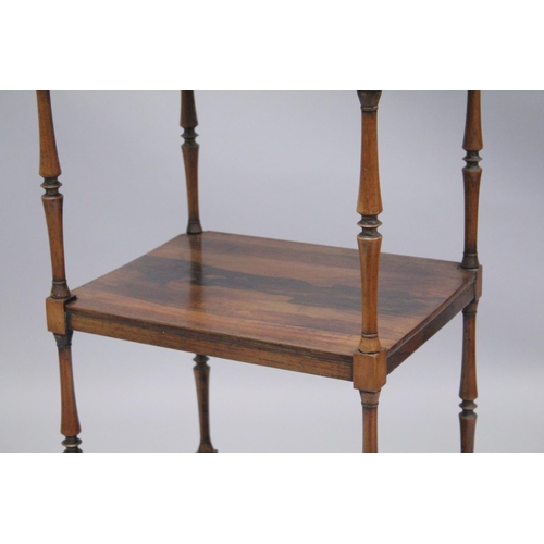 1001 - A GOOD 19TH CENTURY ROSEWOOD THREE TIER WHATNOT with carved finials, turned column support, a drawer... 