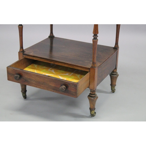 1001 - A GOOD 19TH CENTURY ROSEWOOD THREE TIER WHATNOT with carved finials, turned column support, a drawer... 