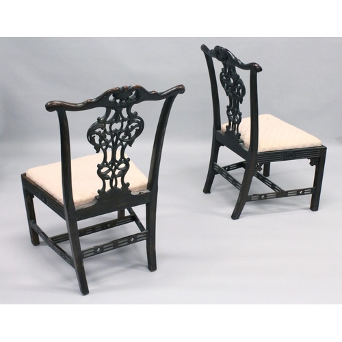 1011 - A VERY GOOD PAIR OF 19TH CENTURY CHIPPENDALE MAHOGANY SINGLE CHAIRS with pierced vase splats, drop i... 