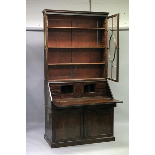 1015 - A GOOD GEORGE III MAHOGANY BUREAU BOOKCASE, the top with cornice over a pair of glazed doors with la... 