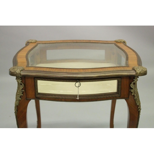 1016 - A VERY GOOD 19TH CENTURY FRENCH KINGWOOD SQUARE BIJOUTERIE TABLE with ormolu mounts, silk interior, ... 