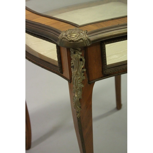 1016 - A VERY GOOD 19TH CENTURY FRENCH KINGWOOD SQUARE BIJOUTERIE TABLE with ormolu mounts, silk interior, ... 