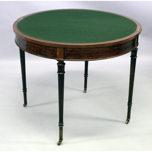 1017 - A VERY GOOD MAHOGANY 'D' ENDED FOLDING TOP CARD TABLE with banded top, green baize interior supporte... 