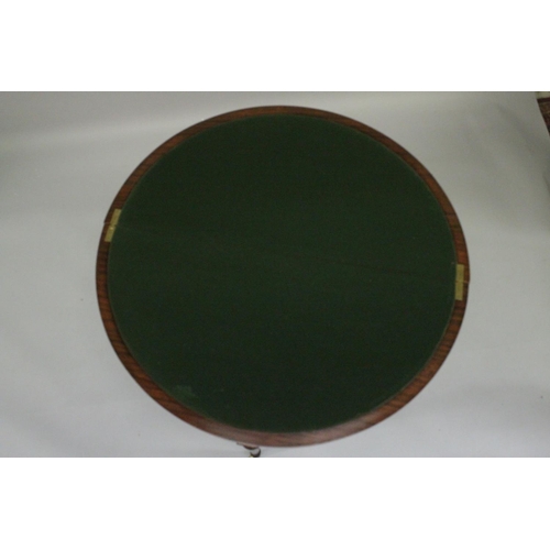 1017 - A VERY GOOD MAHOGANY 'D' ENDED FOLDING TOP CARD TABLE with banded top, green baize interior supporte... 