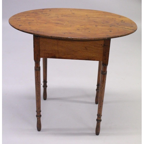 1018 - A 19TH CENTURY IRISH YEW WOOD OVAL TABLE sold by HODGES & SON, DUBLIN with plain oval top, single dr... 