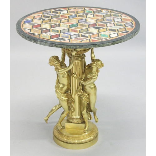 1022 - A VERY GOOD GILT BRONZE CIRCULAR MARBLE TOP TABLE, the top inset with various coloured marbles on a ... 