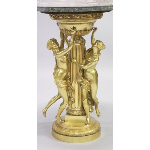 1022 - A VERY GOOD GILT BRONZE CIRCULAR MARBLE TOP TABLE, the top inset with various coloured marbles on a ... 