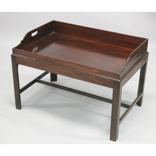 1024 - A 19TH/ 20TH CENTURY MAHOGANY BUTLERS TRAY on stand. 2ft 10ins long x 1ft 1.0.5ins wide x 1ft 11ins ... 