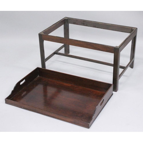 1024 - A 19TH/ 20TH CENTURY MAHOGANY BUTLERS TRAY on stand. 2ft 10ins long x 1ft 1.0.5ins wide x 1ft 11ins ... 