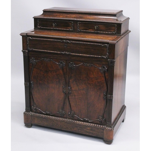 1025 - A GOOD 19TH CENTURY ANGLO INDIAN ROSEWOOD SECRETAIRE CABINET, the upper section with moulded and car... 