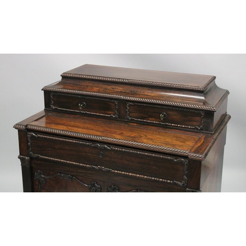 1025 - A GOOD 19TH CENTURY ANGLO INDIAN ROSEWOOD SECRETAIRE CABINET, the upper section with moulded and car... 