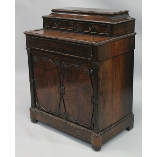 1025 - A GOOD 19TH CENTURY ANGLO INDIAN ROSEWOOD SECRETAIRE CABINET, the upper section with moulded and car... 