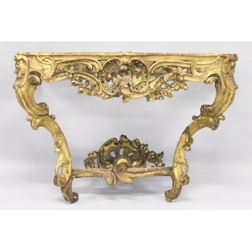 1026 - A VERY GOOD NEAR PAIR OF 18TH CENTURY CARVED AND GILDED CONSOLE TABLES with serpentine marble tops. ... 