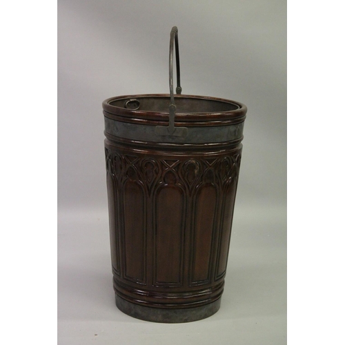 1027 - A LARGE MAHOGANY PEAT BUCKET, possibly Irish. 2ft 2ins high.