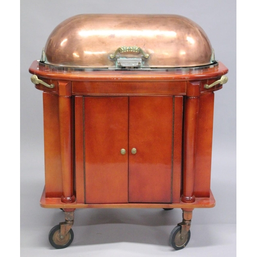 1047 - AN UNUSUAL FRENCH STYLE COPPER, BRASS AND LACQUERED WOOD HOTEL STYLE SERVING TROLLEY. 2ft 10ins long... 