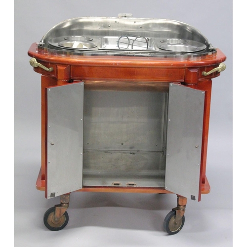 1047 - AN UNUSUAL FRENCH STYLE COPPER, BRASS AND LACQUERED WOOD HOTEL STYLE SERVING TROLLEY. 2ft 10ins long... 