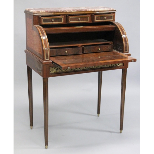 1048 - A FRENCH STYLE MAHOGANY MARBLE AND ORMOLU ROLL TOP DESK with fitted interior, three small drawers an... 