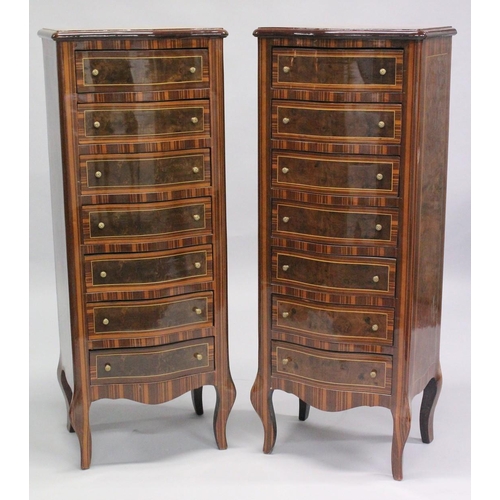 1049 - A PAIR OF FRENCH STYLE MAHOGANY AND INLAID SERPENTINE FRONTED, SEVEN DRAWER CHESTS. 4ft high x 1ft 7... 