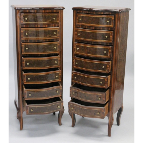 1049 - A PAIR OF FRENCH STYLE MAHOGANY AND INLAID SERPENTINE FRONTED, SEVEN DRAWER CHESTS. 4ft high x 1ft 7... 