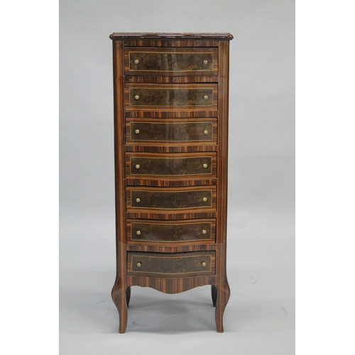 1049 - A PAIR OF FRENCH STYLE MAHOGANY AND INLAID SERPENTINE FRONTED, SEVEN DRAWER CHESTS. 4ft high x 1ft 7... 