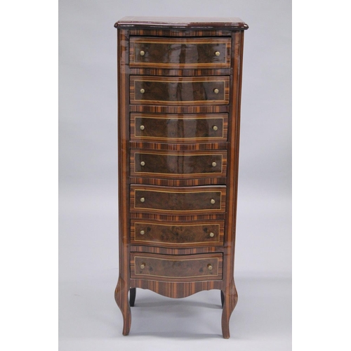 1049 - A PAIR OF FRENCH STYLE MAHOGANY AND INLAID SERPENTINE FRONTED, SEVEN DRAWER CHESTS. 4ft high x 1ft 7... 