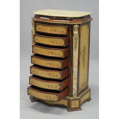 1050 - A FRENCH STYLE KINGWOOD, BURRWOOD, MARBLE AND ORMOLU SEVEN DRAWER CHEST OF SERPENTINE OUTLINE, the s... 