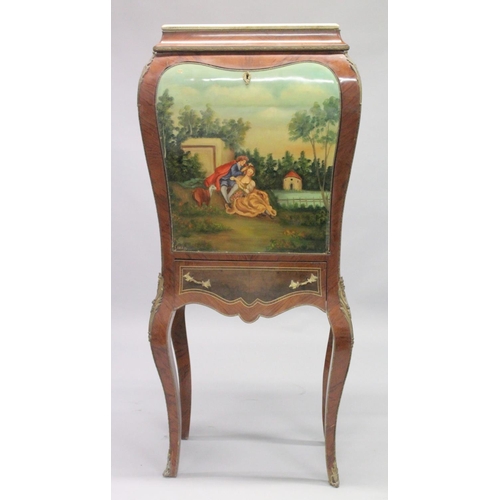 1051 - A FRENCH STYLE MAHOGANY AND MARBLE TOP SECRETAIRE CABINET the fall front painted with a 