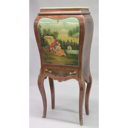 1051 - A FRENCH STYLE MAHOGANY AND MARBLE TOP SECRETAIRE CABINET the fall front painted with a 