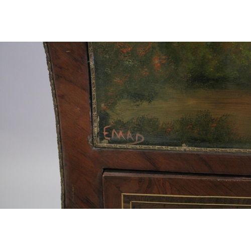 1051 - A FRENCH STYLE MAHOGANY AND MARBLE TOP SECRETAIRE CABINET the fall front painted with a 