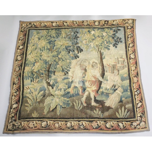 1066 - A GOOD LARGE 18TH CENTURY AUBUSSON TAPESTRY WALL HANGING with three central figures carrying sheaves... 