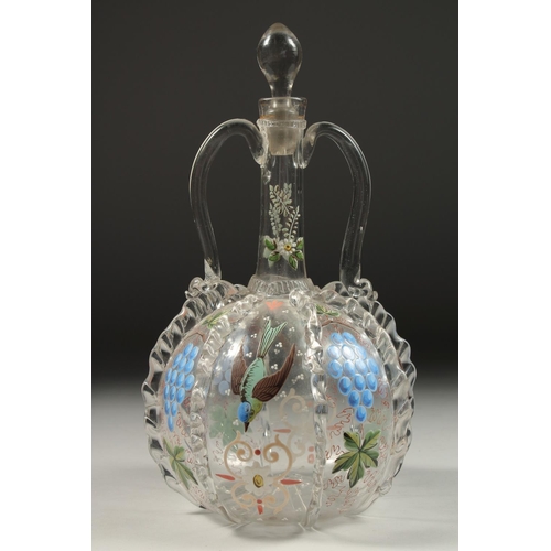 1083 - A 19TH CENTURY DUTCH GLASS TWO HANDLED DECANTER AND STOPPER painted with birds and grapes. 11ins hig... 