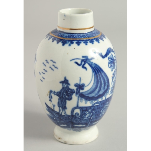 1103 - AN 18TH CENTURY WORCESTER TEA CANISTER printed with the Fisherman pattern.