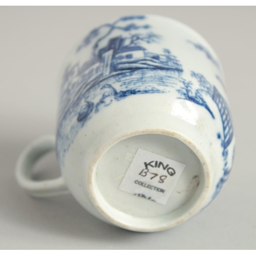 1112 - AN 18TH CENTURY WORCESTER EARLY PRINTED COFFEE CUP in under glaze blue, with the Plantation pattern ... 