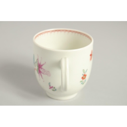 1123 - TWO 18TH CENTURY WORCESTER COFFEE CUPS, one painted with a large bouquet of flowers. scattered with ... 