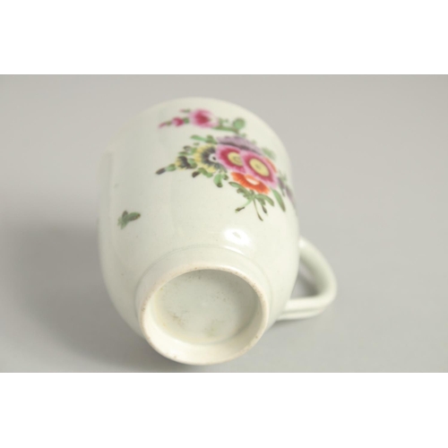 1123 - TWO 18TH CENTURY WORCESTER COFFEE CUPS, one painted with a large bouquet of flowers. scattered with ... 