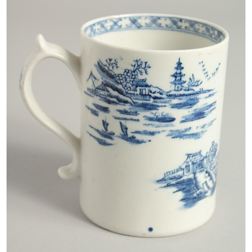 1137 - AN 18TH CENTURY LOWESTOFT FINE MUG printed with Chinese landscape and boat, near an island.