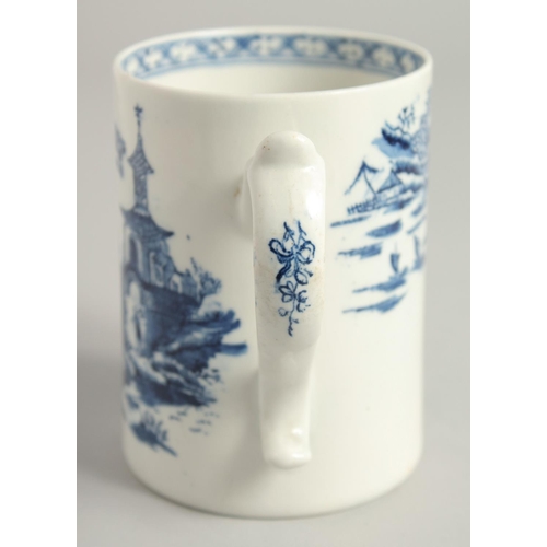 1137 - AN 18TH CENTURY LOWESTOFT FINE MUG printed with Chinese landscape and boat, near an island.