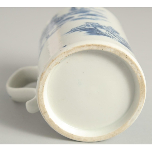 1137 - AN 18TH CENTURY LOWESTOFT FINE MUG printed with Chinese landscape and boat, near an island.