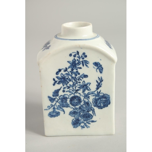 1140 - AN 18TH CENTURY LOWESTOFT FINE TEA CANISTER printed with flowers, crescent mark to base.