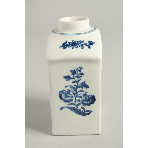 1140 - AN 18TH CENTURY LOWESTOFT FINE TEA CANISTER printed with flowers, crescent mark to base.