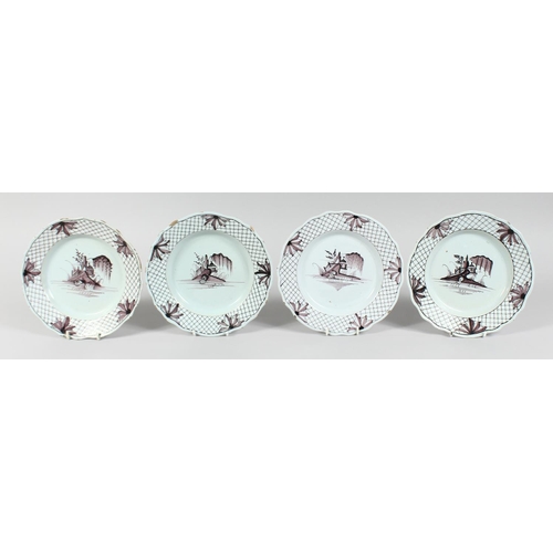 1152 - A SET OF FOUR 19TH CENTURY SEPIA DESIGN PLATES with Fence pattern and buildings. 8ins diameter.