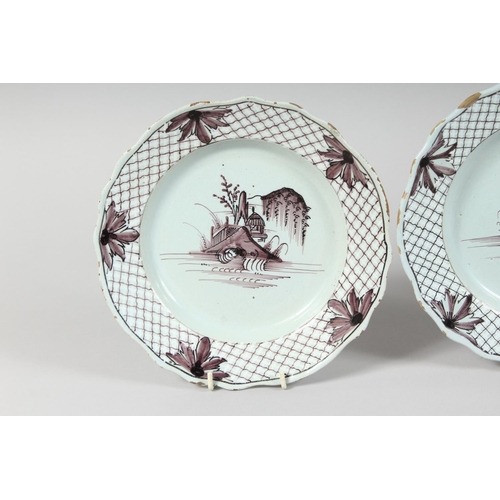 1152 - A SET OF FOUR 19TH CENTURY SEPIA DESIGN PLATES with Fence pattern and buildings. 8ins diameter.