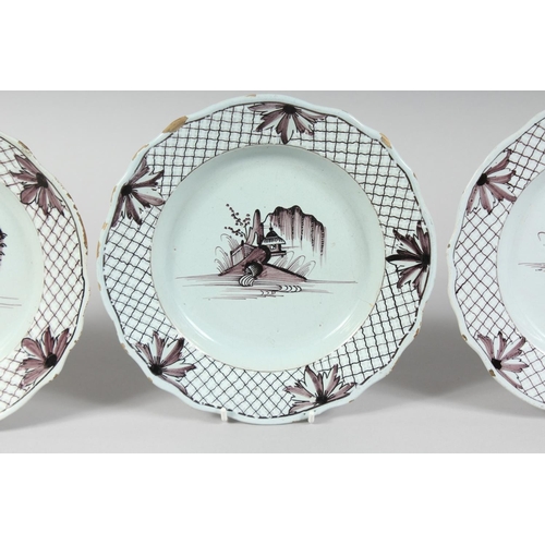 1152 - A SET OF FOUR 19TH CENTURY SEPIA DESIGN PLATES with Fence pattern and buildings. 8ins diameter.